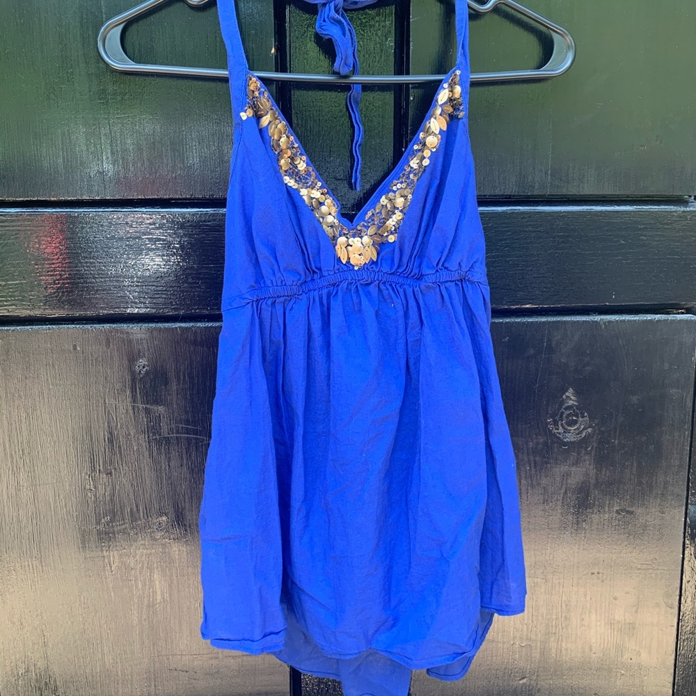 Royal blue Halter with bronze embellishments